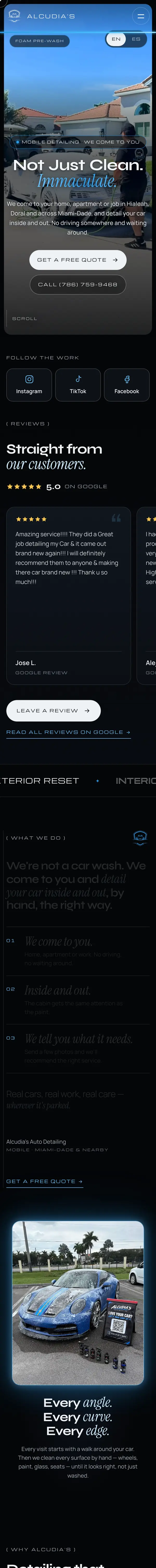 The Alcudia’s Auto Detailing homepage on a phone