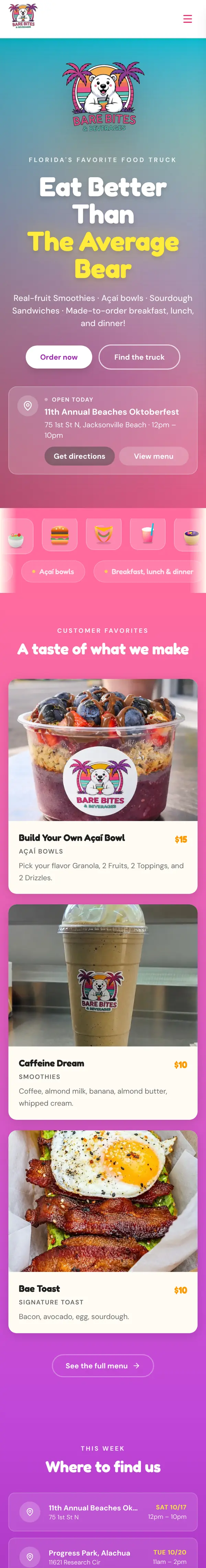 The Bare Bites & Beverages homepage on a phone