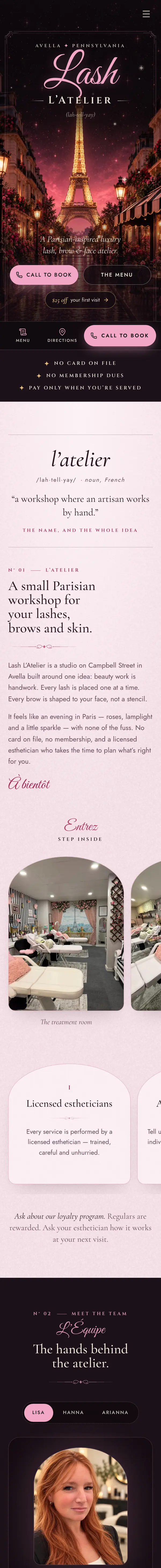 The Lash L’Atelier homepage on a phone